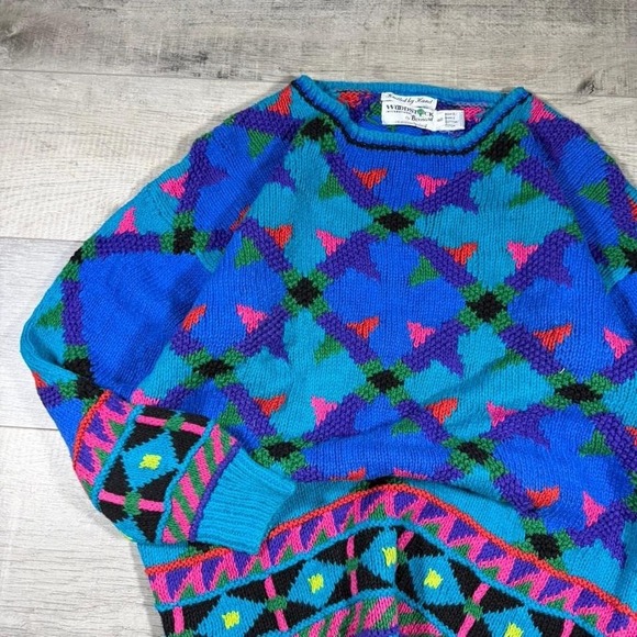 90s colorful knit sweaters cool design size measures women's L - Picture 2 of 5